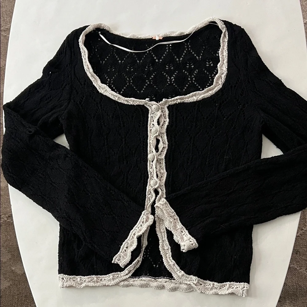 Free People Adelene Cardigan - Black Linen Blend Knit Large $128